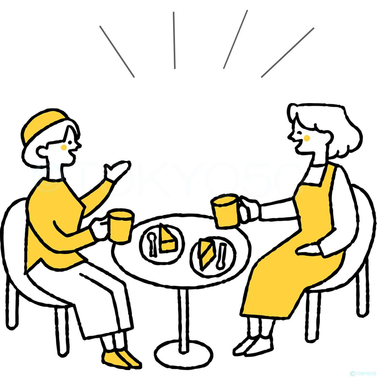 カフェで楽しく会話する女性二人のイラスト
